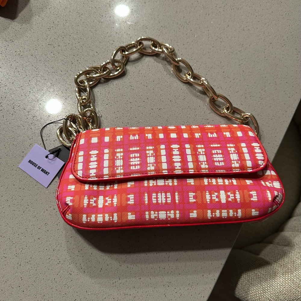 House Of Want 2.0 FLAP SHOULDER
SUMMER PLAID Pink, Orange, and Gold Chain Bag